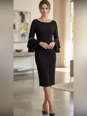 VENUS Classic Black Midi Dress w/Pearl Accents and Bell Sleeves - Sz Small